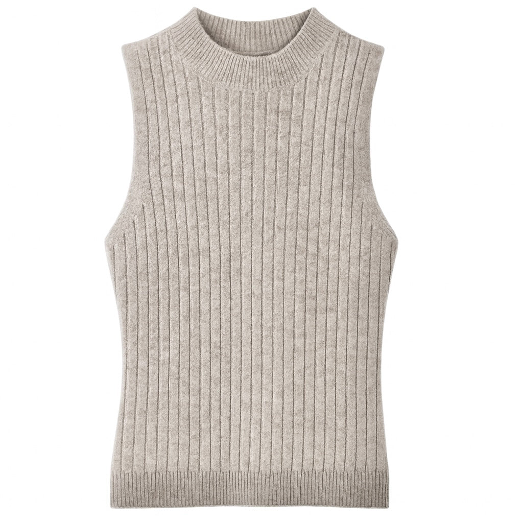 Wełniany top bez rękawków z prążkowanej dzianiny 100% wełny