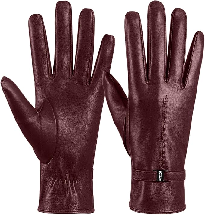 Bordowe skórzane rękawiczki damskie