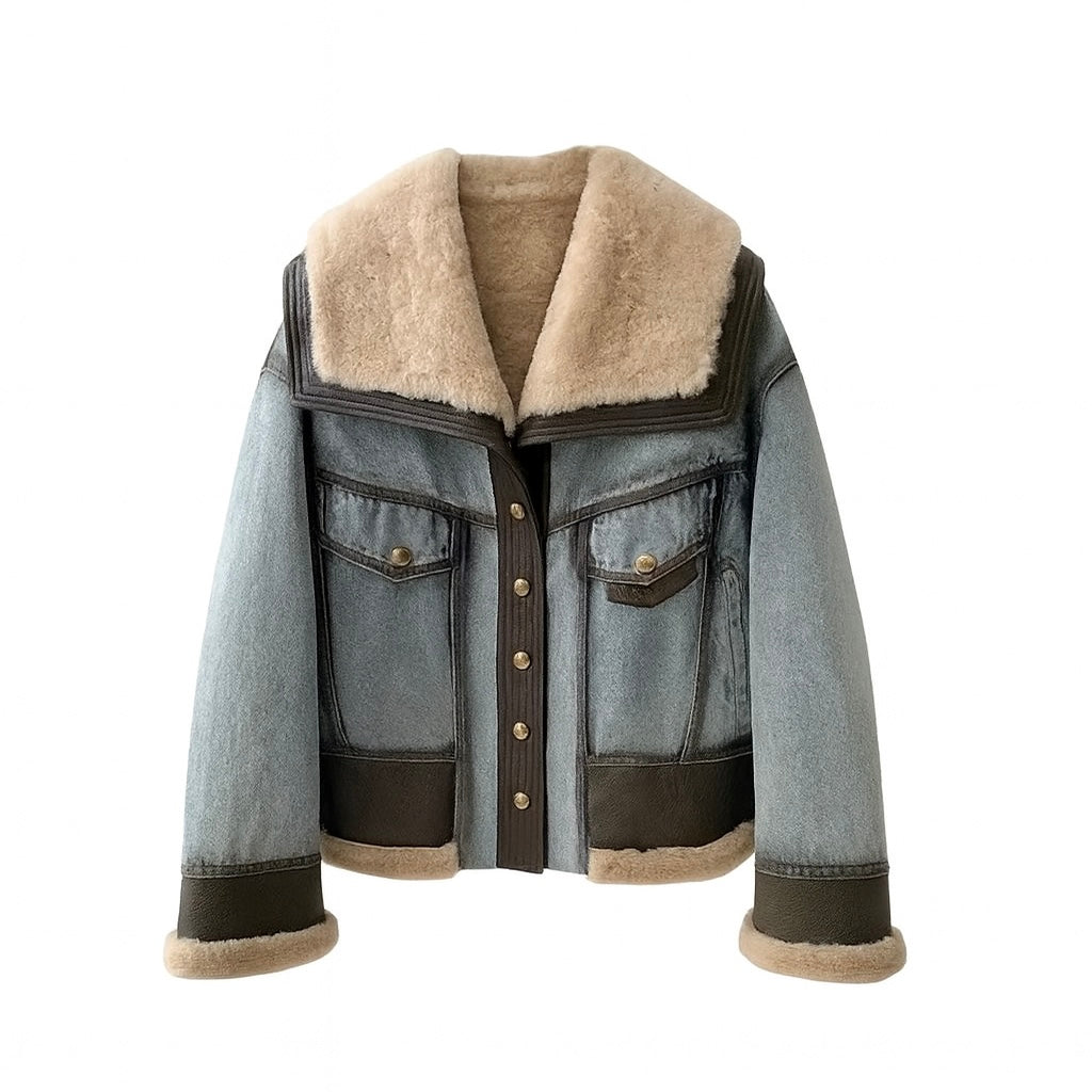 Jeansowa bawełniana kurtka z kożuchem