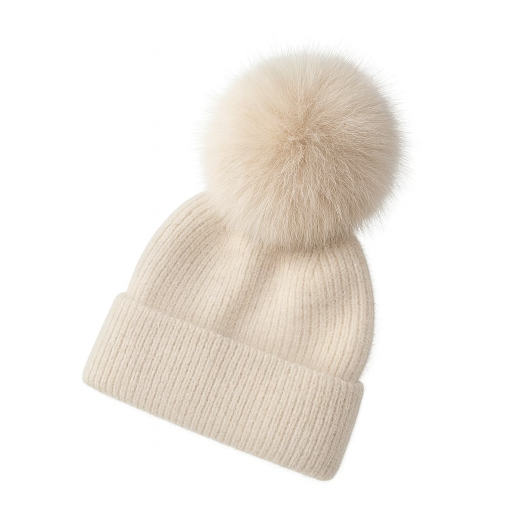 Ciepła czapka z pomponem z naturalnego lisa