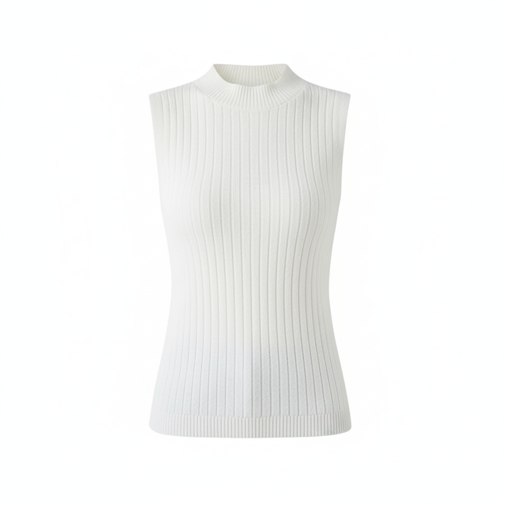 Wełniany top bez rękawków z prążkowanej dzianiny 100% wełny