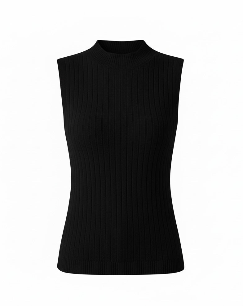 Wełniany top bez rękawków z prążkowanej dzianiny 100% wełny