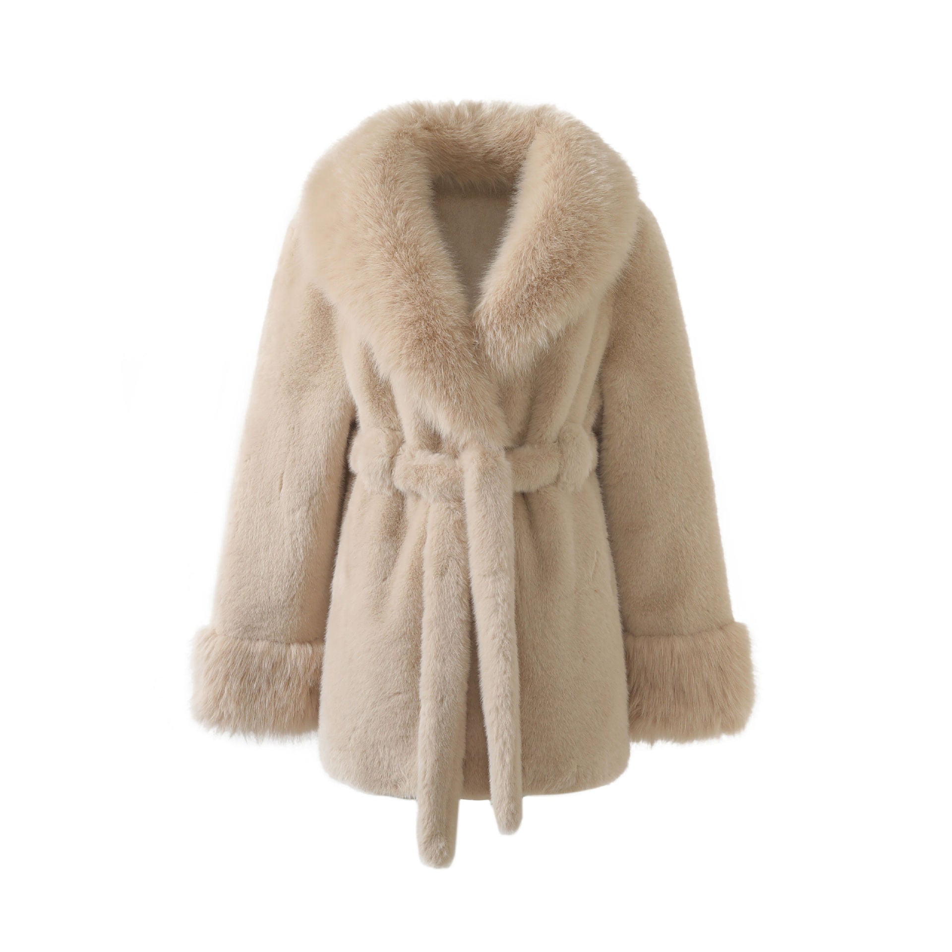 Beżowy płaszcz ze sztucznego futerka z paskiem