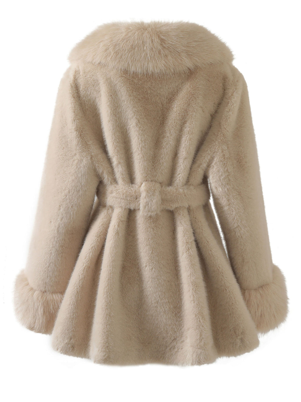 Beżowy płaszcz ze sztucznego futerka z paskiem