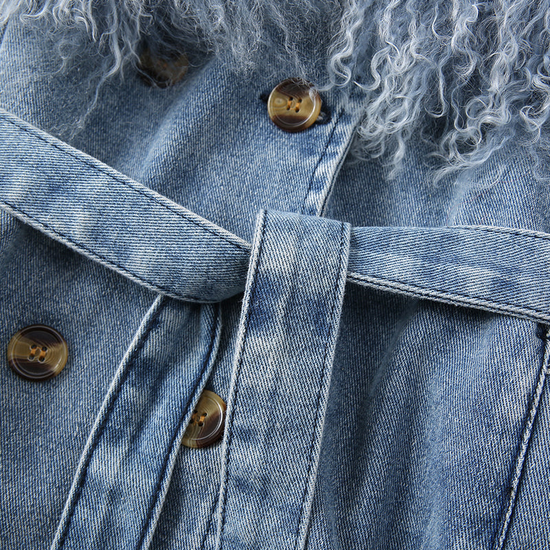 Jeansowy płaszcz z naturalnym futrem