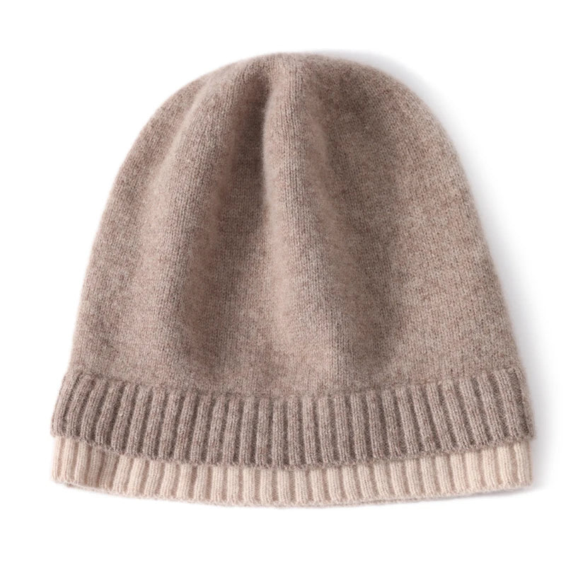 Damska beżowa czapka dwuwarstwowa 100% wełny