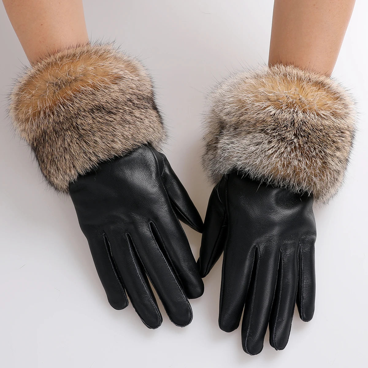 Skórzane rękawiczki z naturalnym futrem z królika