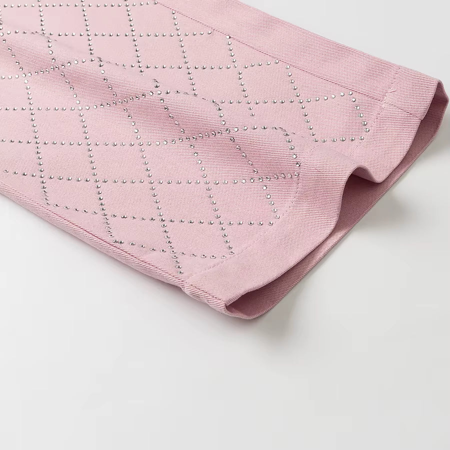 Jasnoróżowe jeansy z prostą nogawką zdobione kryształkami