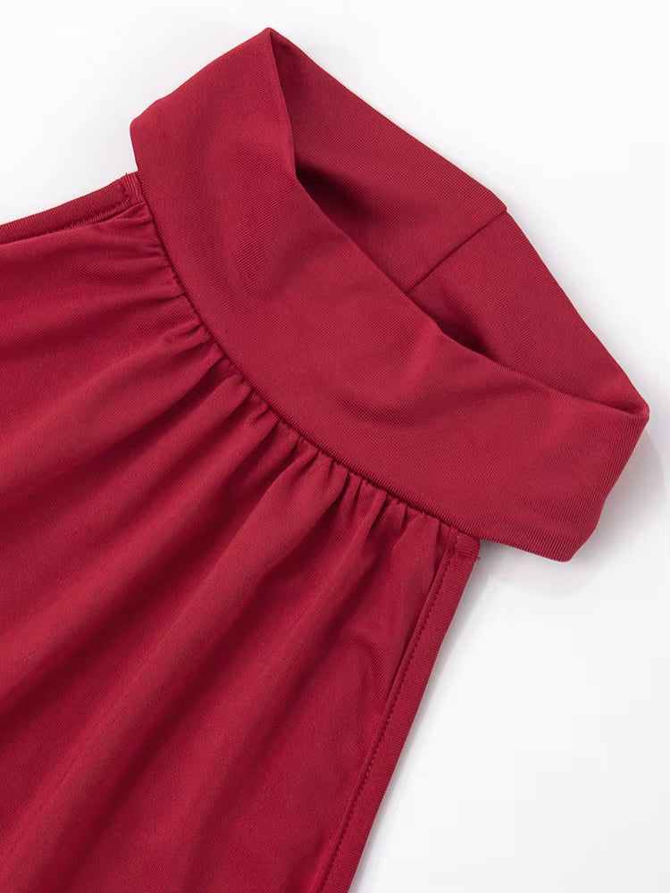 Długa czerwona sukienka wieczorowa z rozcięciem