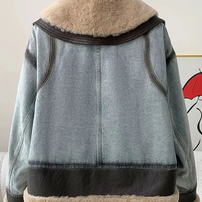 Jeansowa bawełniana kurtka z kożuchem