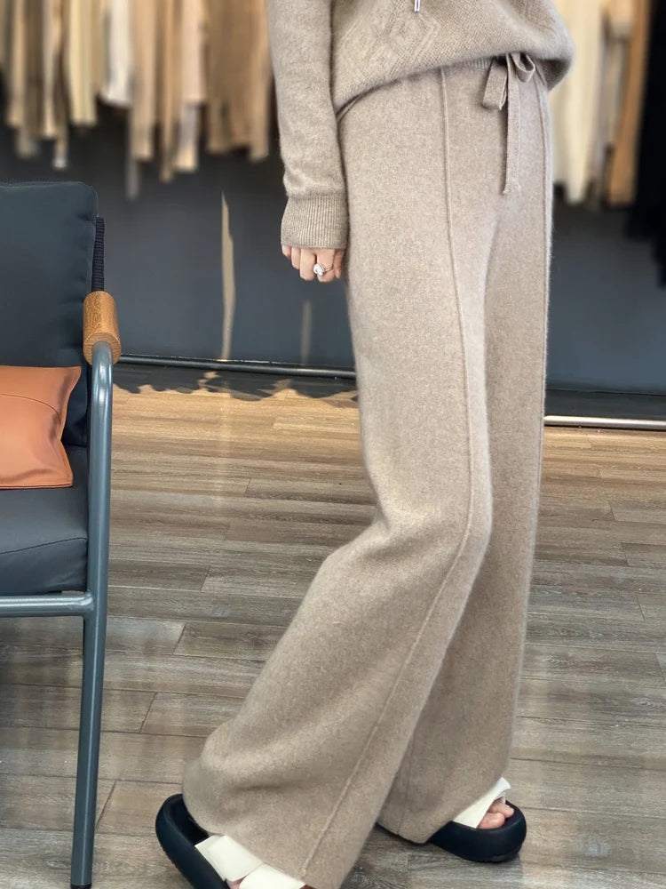 Luźne szerokie beżowe spodnie 100% wełny