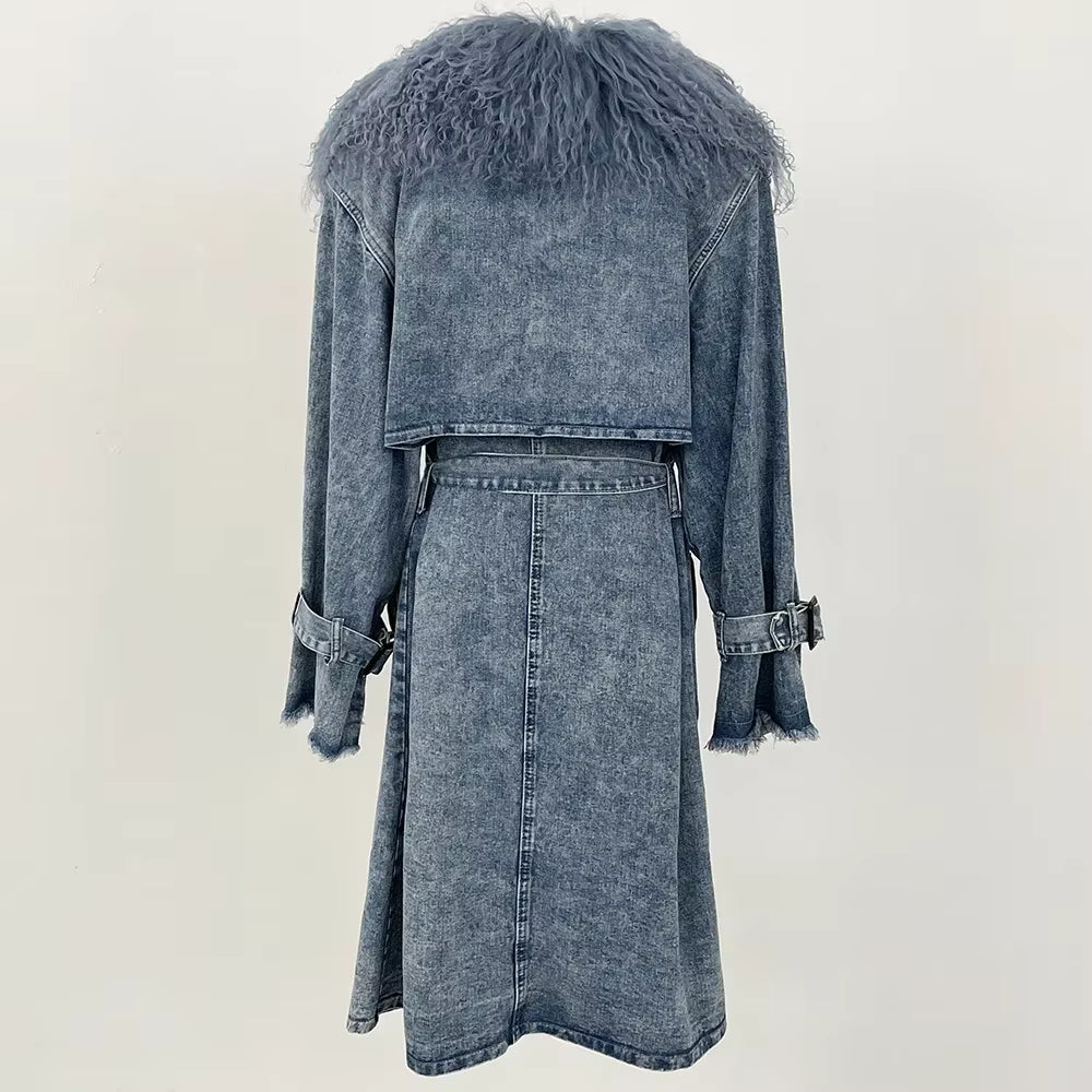 Jeansowy płaszcz z naturalnym futrem