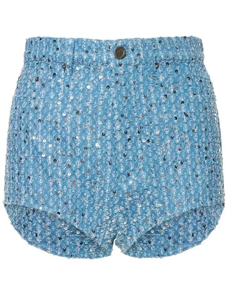 Niebieski cekinowy komplet kurtka i spodenki