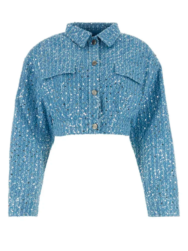 Niebieski cekinowy komplet kurtka i spodenki