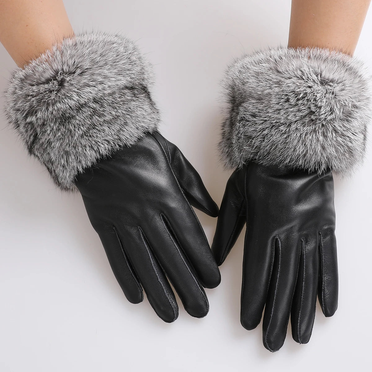 Skórzane rękawiczki z naturalnym futrem z królika