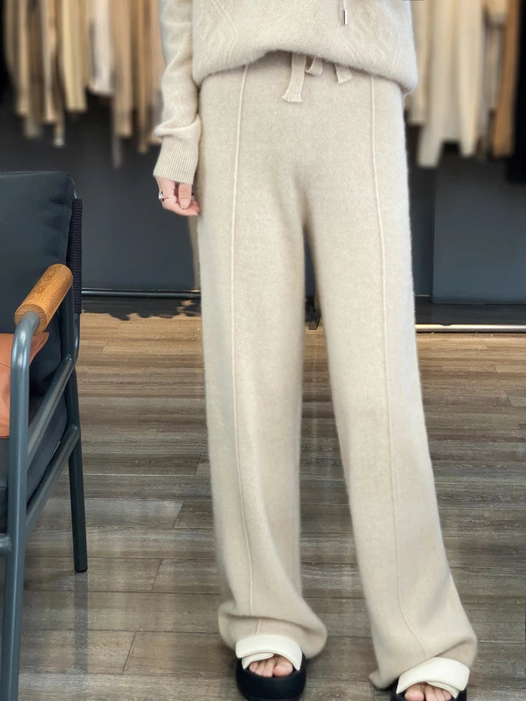 Luźne szerokie beżowe spodnie 100% wełny