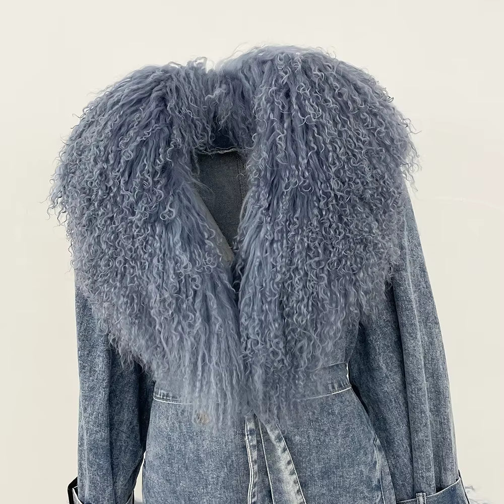 Jeansowy płaszcz z naturalnym futrem