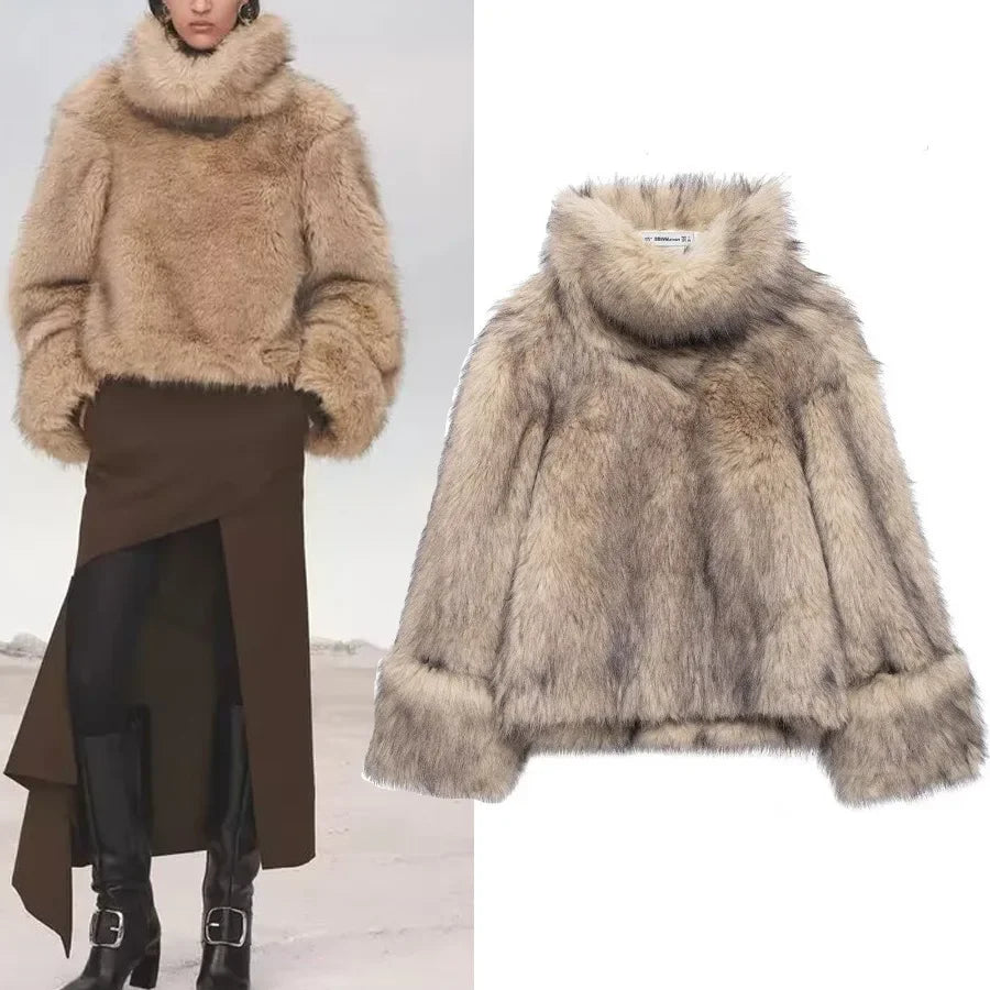 Beżowe sztuczne futro peleryna