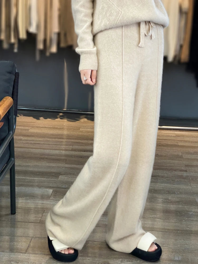 Luźne szerokie beżowe spodnie 100% wełny