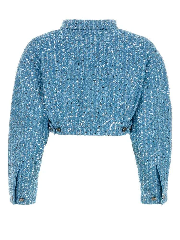 Niebieski cekinowy komplet kurtka i spodenki