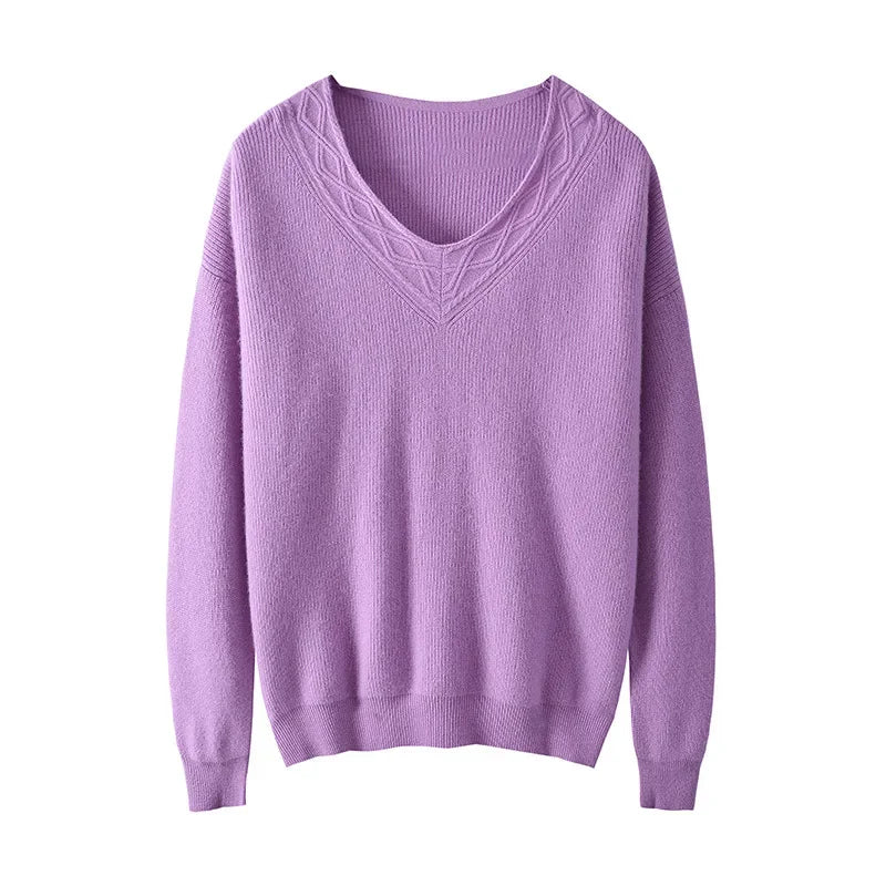 Fioletowy wełniany sweter z dekoltem w serek